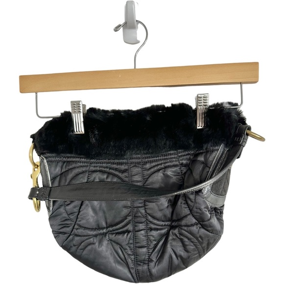 Coach Signature Satin Quilted Rabbit Fur Trimmed Hobo Handbag Black - Picture 7 of 16